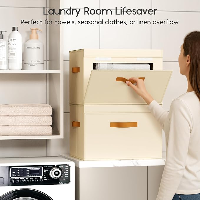 Homsorout Large Storage Bins with Lids - Front Opening Fabric Storage Bins, Flap Closet Organizer with Handles, Collapsible Boxes with Lid, Decorative Basket for Home, Dorm, 2 Pack, Beige - Image 5