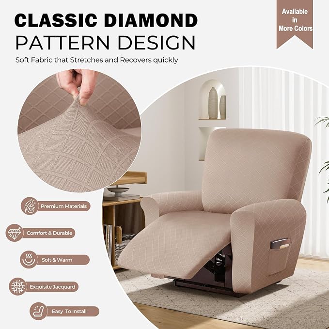 vctops Diamond Recliner Cover 4-Pieces Recliner Stretch Sofa Slipcover 1 Seater Couch Protector Soft Solid Furniture Protector Covers with Elastic Strap (Camel,1 Seat) - Image 3