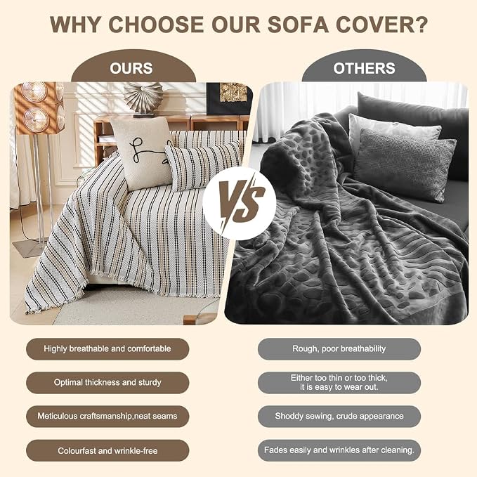 ROOMLIFE Thicked Striped Boho Khaki Couch Cover for 2-3 Cushion Sofa, Chenille Sofa Slipcovers Sectional Sofas Covers for Dog, Non Slip Washable Furniture Protector Soft with Tassel 71''X134'' - Image 3