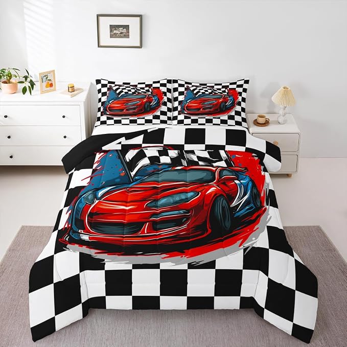 Erosebridal Racing Car Comforter Set, Dirt Bike Down Comforter,Cartoon Race Car Competition Extreme Sports Game Duvet Set for Kids Boys Teens Men, Red Automobile Quilted Duvet Decor 3 Pcs Queen Size - Image 2