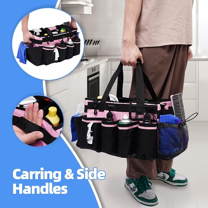Large Cleaning Caddy, Professional Wearable Supplies Bag for Housekeepers, House Cleaners, and Car Detailing - Organizer Tote With Handle, Pink - Image 4