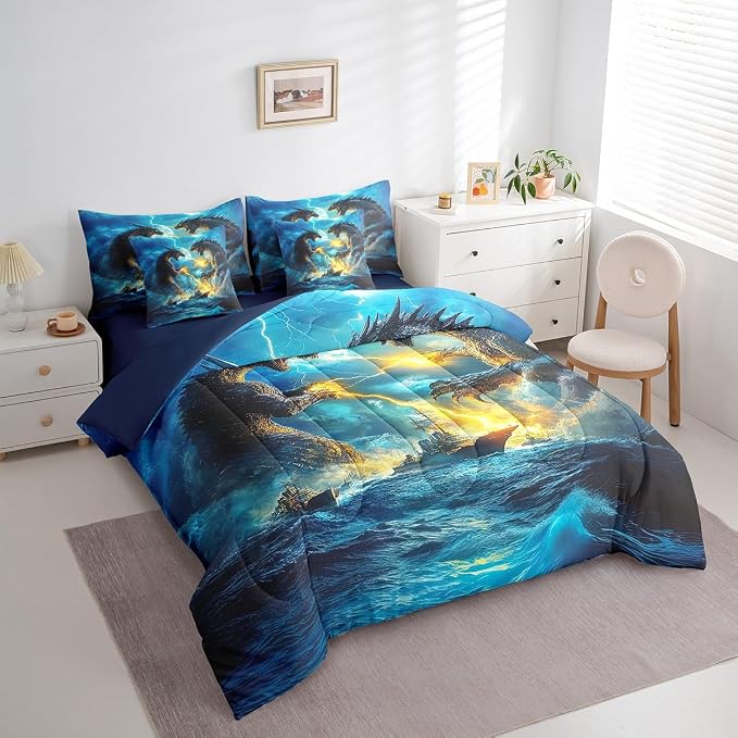 Erosebridal 7Pcs Kids Comforter Sets Full Size, Dragon Comforter Set 3D Fierce Animal Theme Bedding Bed in a Bag(1 Comforter, 1 Flat Sheet 1 Fitted Sheet 2 Pillowcases and 2 Throw Pillow Covers) - Image 3