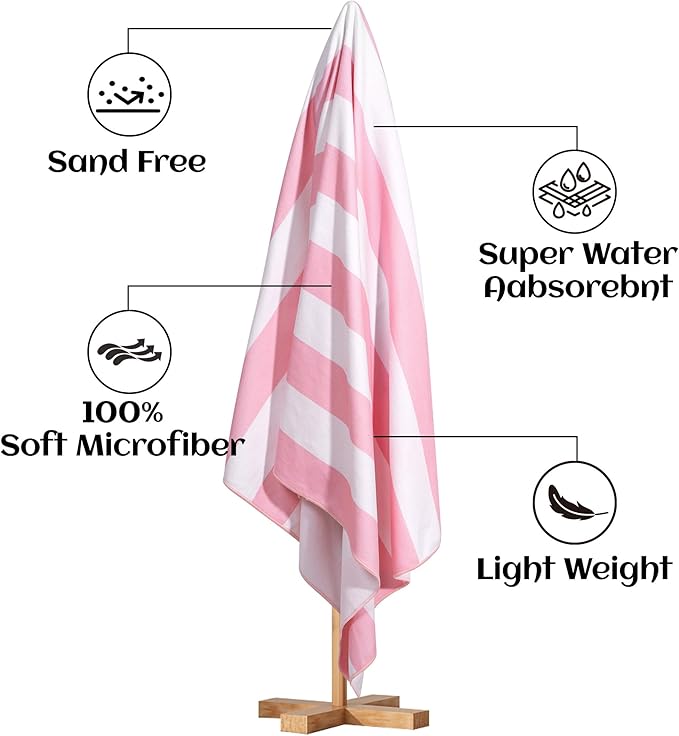 Touchat 4 Pack Beach Towels Oversized 30'' x 60'' Microfiber Pool Swim Bath Camping Travel Cabana Stripe Quick-Dry Super Absorbent Lightweight Sand Free Towel for Adults, Multi-Functional，Pink - Image 3