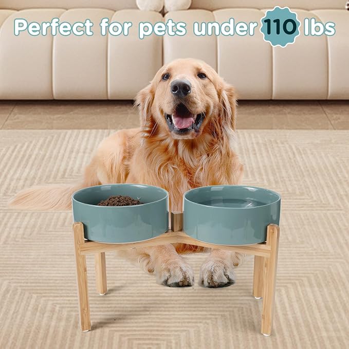 SPUNKYJUNKY Elevated Dog Bowls Ceramic, 8.3'' Dogs Food Water Bowls Raised with Non-Slip Bamboo Stand for Large Sized Breed Microwave Dishwasher Safe - 60 OZ,Dark Green - Image 7