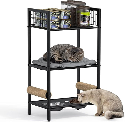 Cat Feeding Station Furniture with Scratching Post, 3-Tier Cat Food Organizer & Storage, Raised Feeding Stand with 2 Stainless Steel Bowls, Space-Saving Cat Shelf for Small Spaces, Black by Canyave