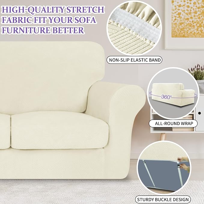 ZNSAYOTX 3 Piece Stretch Loveseat Covers (55"-69"), Thick Striped Sofa Covers for 2 Cushion Couch with Elastic Band Bottom Ties Non-Slip Stay in Place, Soft Durable Love Seat Slipcovers, Beige - Image 5