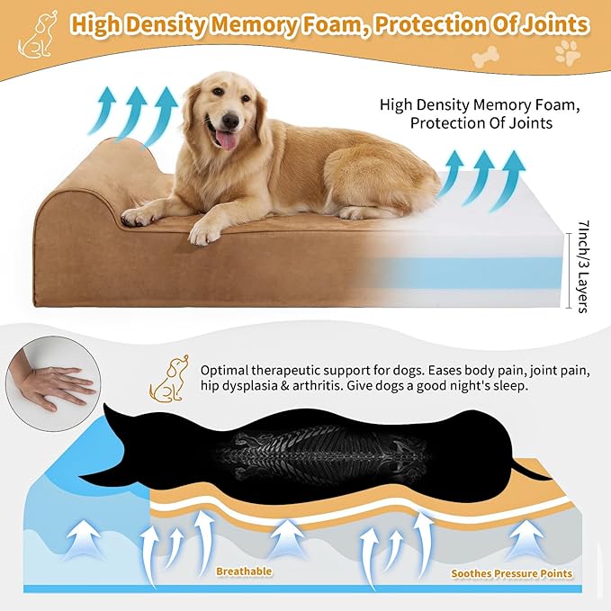 Rainmr Orthopedic Dog Beds for Large Dogs, 7" Memory Foam Dog Beds with Waterproof Liner, Durable Microsuede Cover, Removable and Washable, Nonskid Bottom, 60"x48"x7" XXL Khaki - Image 3