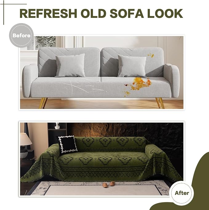 DREAMINGO Boho Couch Cover Sofa Covers for 2 Cushion Couch Jacquard Chenille Couch Cover Blanket Living Room Pet Furniture Protector Sectional Couch Covers for Dogs Washable, Green, 71"x118" - Image 5