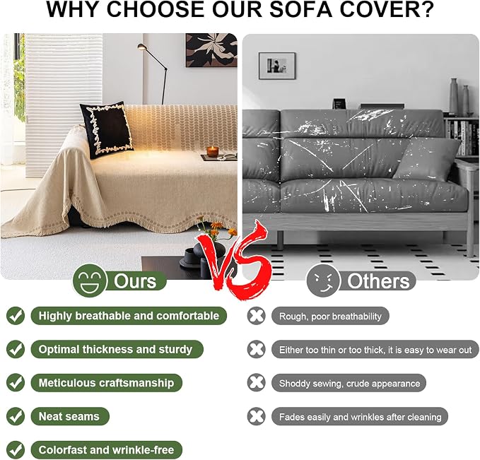 ROOMLIFE Khaki Sofa Cover, Vintage Boho Couch Cover for 3 Cushion Sofa, Non Slip Soft Chenille Sofa Slipcovers for Dog, Washable Furniture Sofa Protector Cover with Tassel for Living Room, 71''X150” - Image 3