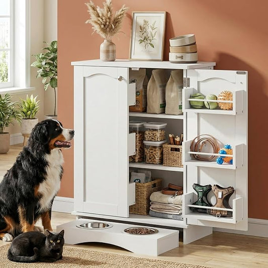 Dog Storage Cabinet with Bowls, Pet Food Storage Cabinet with Adjustable Shelves, Hidden Dog Feeding Station with Hooks, Letter Stickers, Pet Storage Organizer for Cats and Dogs by Furnivio