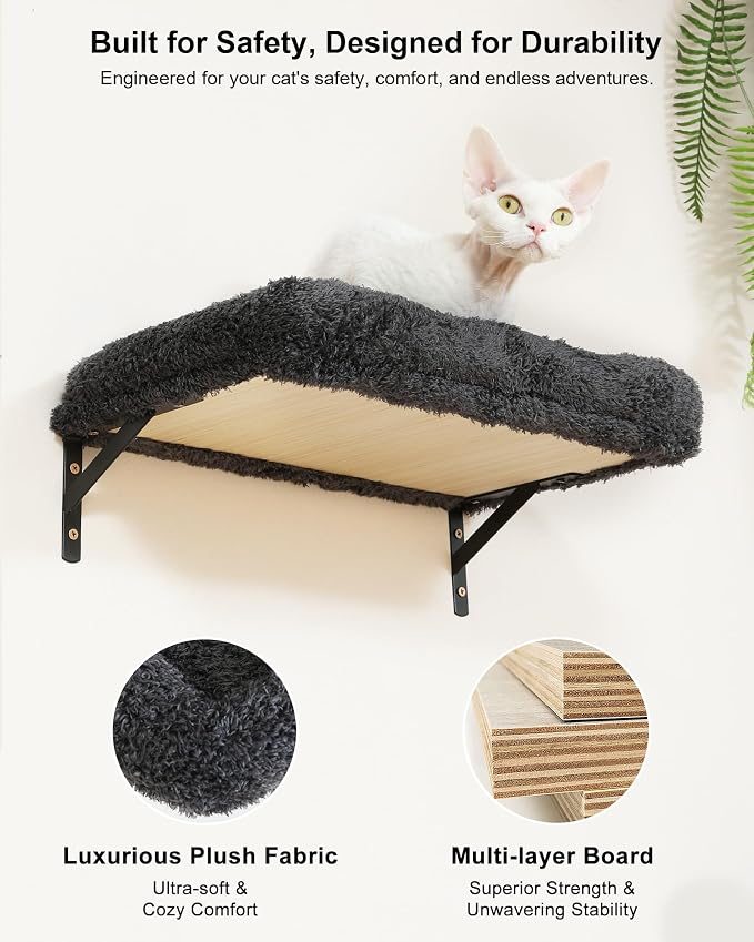 FUKUMARU Cat Wall Shelves Set, 70 inch Wall Mounted Tree, Grey | Kitten Scratching Post with Soft Cushion Perch, Space Saving Climbing Wall Furniture for 16 Inch Drywall - Image 3