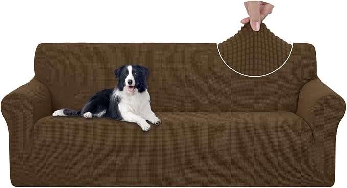 U-NICE HOME Stretch Couch Cover Slipcover for 3 Cushion Sofa, Brown | 1-Piece Sofa cover, Washable, Pet friendly, Furniture protector, Polyester Spandex Jacquard fabric by U-NICEHOME