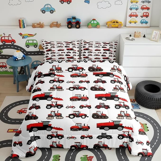 Erosebridal Red Tractor Comforter Set King Size Heavy Equipment Truck Down Comforter Kids Boys Girls Teens Harvester Tractor Bedding Set Construction Excavator Farm Equipment Quilt Set by Erosebridal