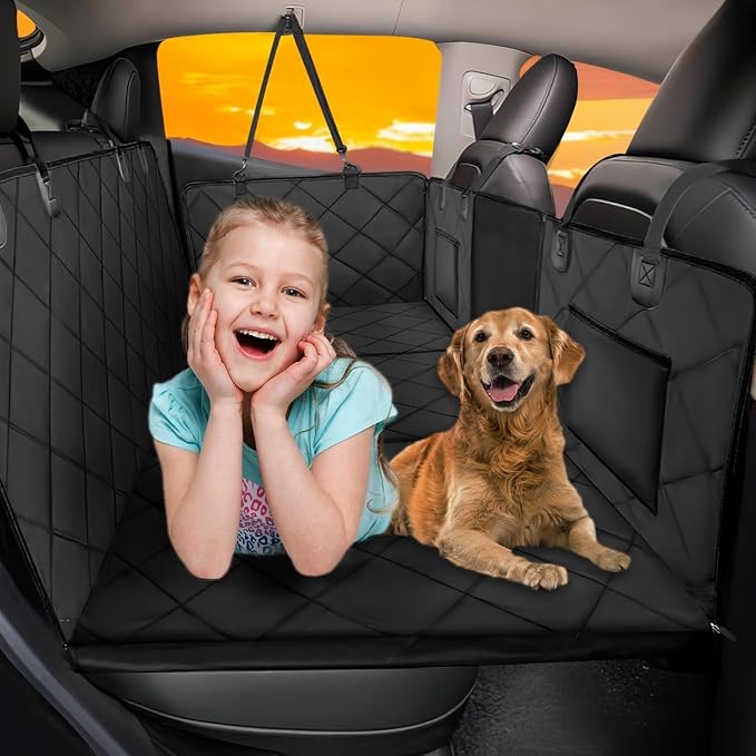 Back Seat Extender for Dogs-Large Space, Dog Car Seat Cover Hard Bottom Holds 420lbs, Sturdy Backseat Extender for Dogs,Upgraded Waterproof Pet Car Bed Dog Hammock for Car, SUV,Truck, Black by ROUWINNE