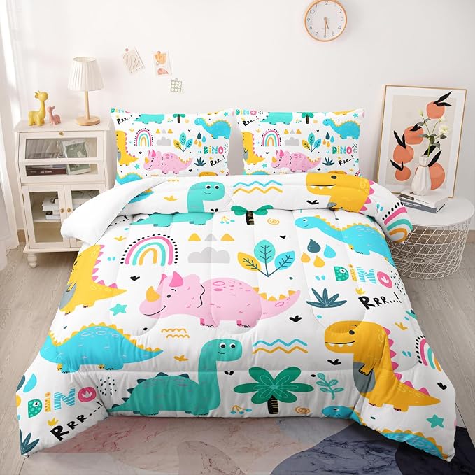 Nttopship Cute Cartoon Dinos Comforter Sets Queen Size for Kids, Cartoon Dinosaurs and Rainbows Comforter Sets All Season 1 Comforter and 2 Pillowcases - Image 8
