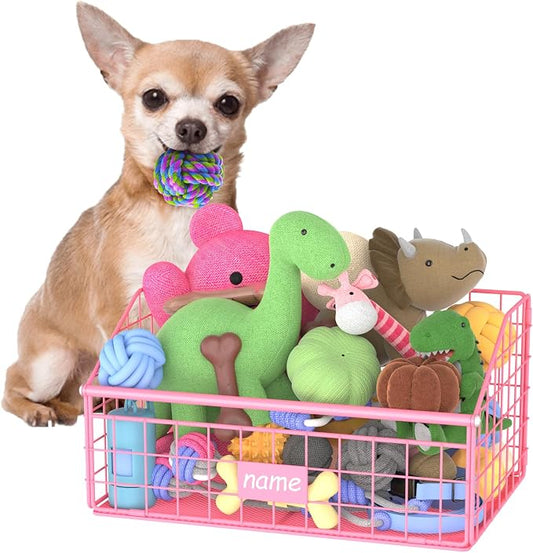 Kaiferty Indestructible Dog Toy basket, Small Toy Box for Dogs, Pet Toy Bin Dog Metal Basket for Toys, Toy Storage Organizer,Dog Toy Box for Living Room Area(Pink) by Kaiferty