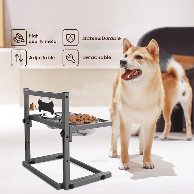 SHAINFUN Elevated Dog Bowls - Raised Stand with 2 Stainless Steel Bowls, Adjustable Height Feeder for Small and Medium Dogs, Puppies, Cats - Grey - Image 3