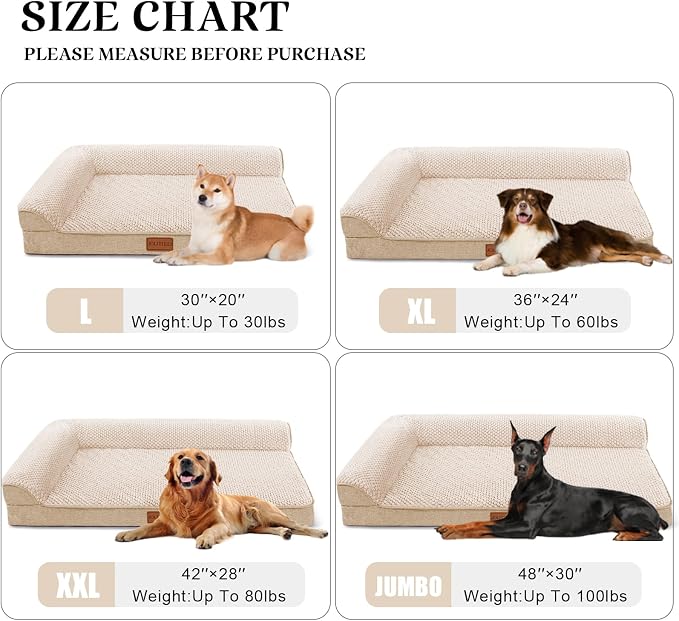 Orthopedic XL Dog Bed Large Sized Dog 42''X28'', Waterproof L Bolster Egg Crate Foam Big Pet Crate Beds with Washable Removable Cover, Non-Slip Soft Pet Couch Sleep Mat, Ivory - Image 6