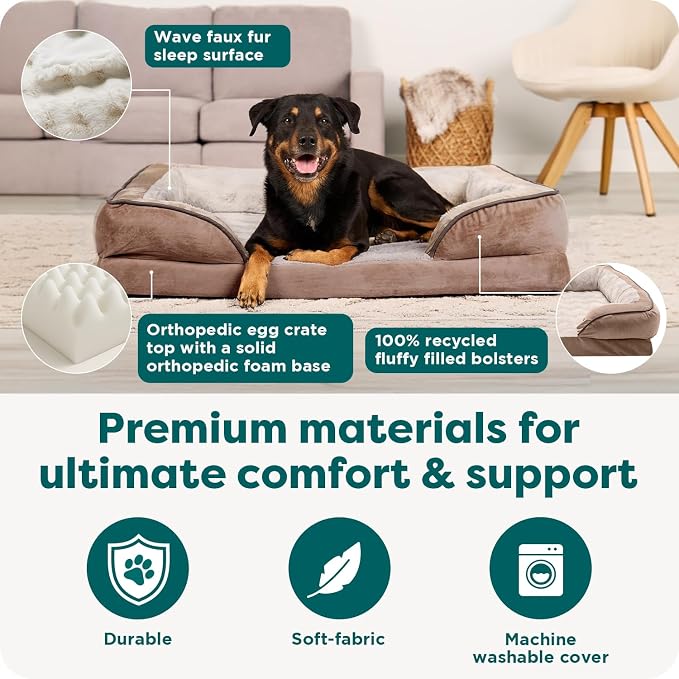 Furhaven Orthopedic Dog Bed for Large Dogs w/ Removable Bolsters & Washable Cover, For Dogs Up to 95 lbs - Plush & Velvet Waves Perfect Comfort Sofa - Brownstone, Jumbo/XL - Image 5