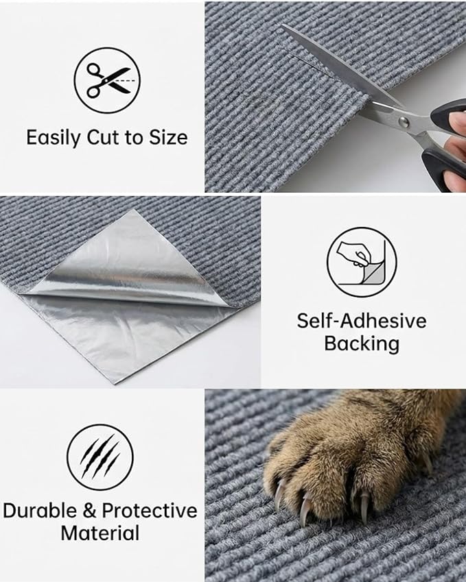 Corner & Wall Cat Scratch Mat (Grey, 23.6''x11.8'', 3-Pack), Self-Adhesive Trimmable Cat Scratcher, Wall Mounted Scratching Pad for Indoor Cats, Sofa Furniture Protector, Cat Post Cover Replacement - Image 3