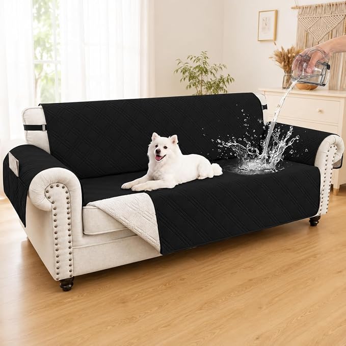 100% Waterproof Couch Cover for Dogs, Washable Anti-Slip Sofa Cover with Elastic Straps & Side Pockets, Quilted Furniture Protector for Kids & Pets (3 Cushion 68", Black) by Unknown