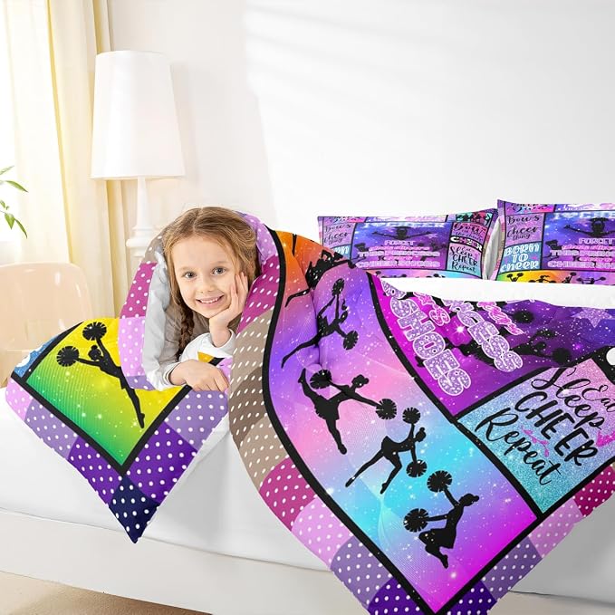 Gymnastics Girly Woman Comforter Set Full Size,Cheerleading Dance Lovers Bedding 3pcs for Kids Teens Room Decor,Athlete Silhouette Vivid Quilt Set,Glitter Purple Colorful Duvet Insert,2 Pillowcases - Image 3