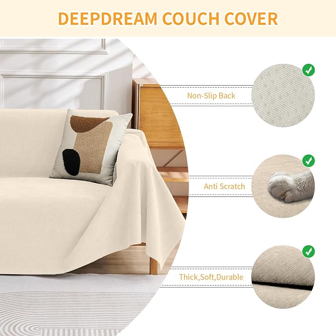 Deep Dream Waterproof Couch Covers for 3 Cushion Couch, Cat-Scratch Resistant Sofa Cover, Pet Friendly Anti Slip Sofa Slipcovers Furniture Protector Washable Sofa Covers, 91" x 118", Beige - Image 3
