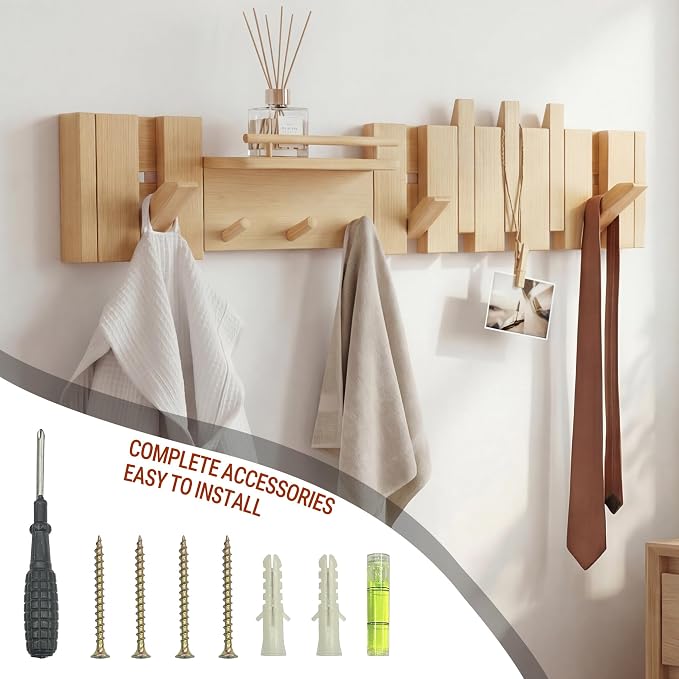 Mid Century Modern Wood Coat Rack Wall Mount with Shelf, 9 Hooks, Natural | Wood and metal wall rack with fold-down piano-key hooks and display shelf organizes coats, bags, keys and decor up to 25 lb. - Image 7