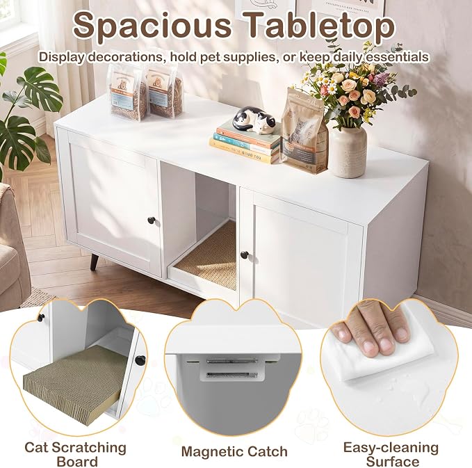 Tangkula Double Cat Litter Box Enclosure, Large Hidden Wooden Cat Cabinet for 2 Cats with Scratching Pad, Double Rooms, Versatile TV Stand Side Table for Indoor Living Room (White) - Image 7