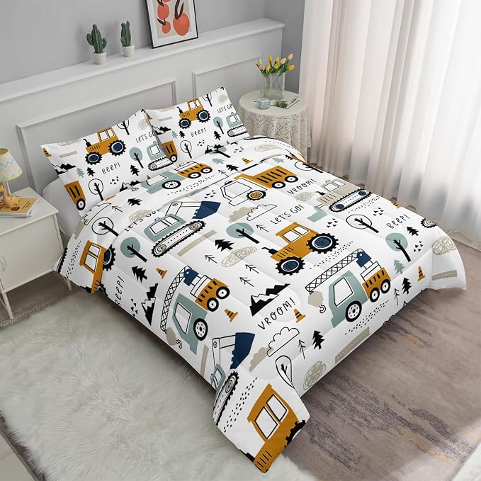 Cartoon Car Comforter Set Kids Construction Printed Bedding Set with 1 Comforter and 2 Pillowcases for Boys and Girls Bedroom All Season(Car Full) - Image 2