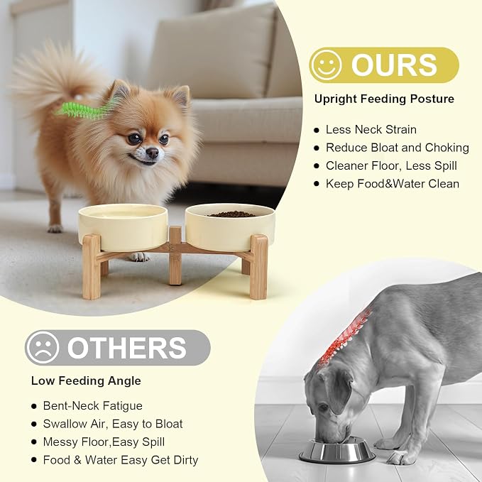 SPUNKYJUNKY Elevated Dog Bowls Ceramic, 5.1'' Dogs and Cat Food Water Bowls Raised with Non-Slip Bamboo Stand for Puppy Small Sized Breed Microwave Dishwasher Safe - 13.5 OZ,Beige - Image 3