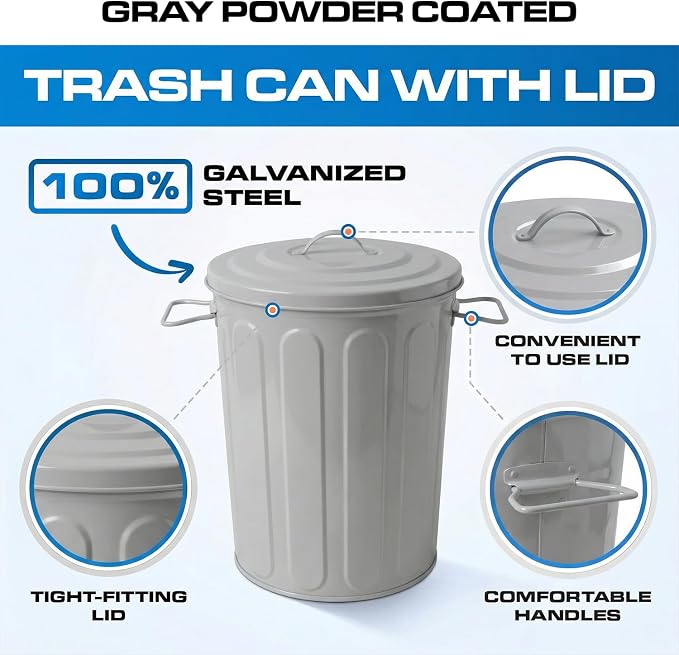 Plexon 5 Gallon Small Metal Trash Can with Lid Outdoor Galvanized Steel Bucket with Lid 5 Gal Storage Can for Dog Food Bird Seed Storage Container, Gray 2 Pack - Image 9