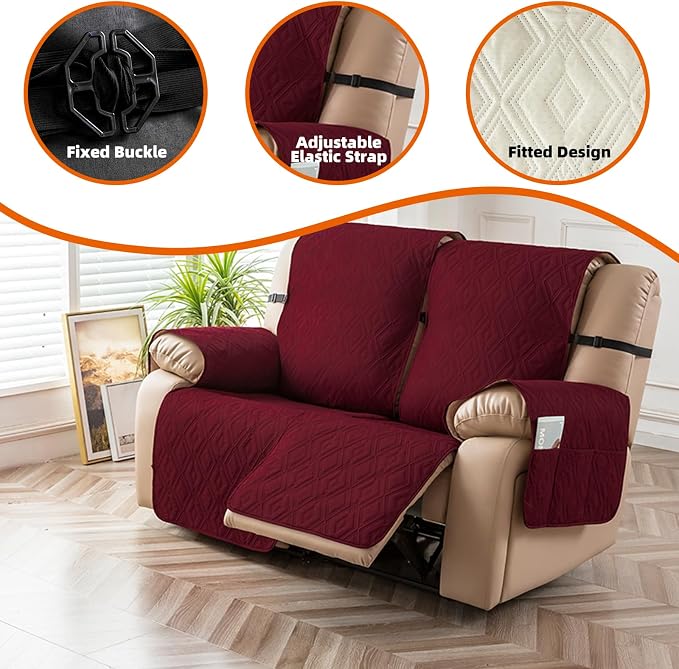Genina Waterproof Loveseat Recliner Cover Non-Slip, Sofa Cover for Reclining Couch 2 Seat, Washable Couch Cover Loveseat Furniture Protector Cover for Pets Dogs Kids (Wine Red, Recliner Loveseat) - Image 7