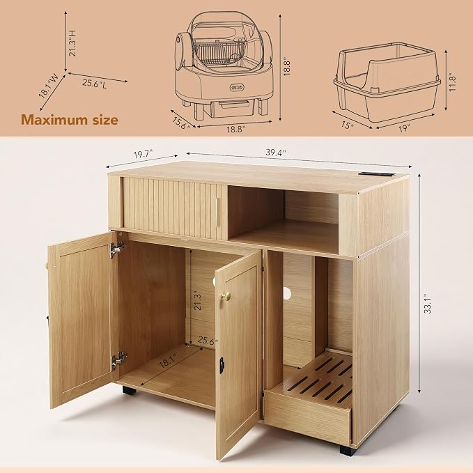 39“ Cat Litter Box Enclosure with Litter Drawer | Large Hidden Litter Box Cabinet,Indoor Cat Washroom Furniture with storage space and ventilation holes - Image 2