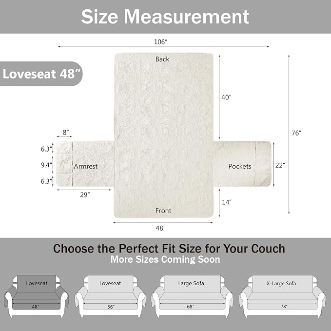 Stay in Place Ivory White Quilted Loveseat Couch Cover for 2 Cushion Couch, Water Repellent Love Seat Quilted Sofa Covers Washable, Pet Friendly Slipcovers (Loveseat 48", Ivory White) - Image 7
