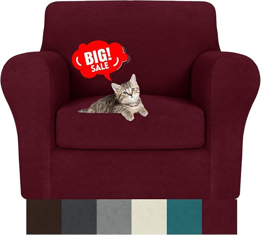 MAXIJIN 2 Piece Chair Covers Chair Slipcover with Arms, Sofa Chair Cover for Living Room Armchair Cover, Stretch Pet Dog Slip Cover for A Chair with 1 Cushion (31"-46", Wine Red) by MAXIJIN