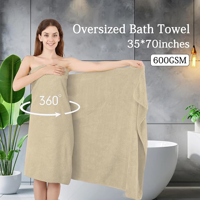 8-Piece Beige Bath Towels Set,2 Oversized Large Bath Towels Sheet,2 Hand Towels and 4 Washcloths - 600 GSM Soft Luxury Towel Set,Highly Absorbent Quick Dry Towel Collection for Bathroom,Hotel and Spa - Image 2