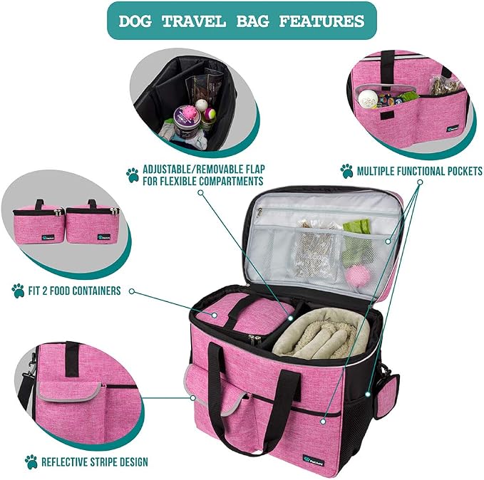 PetAmi Dog Travel Bag Organizer, Pet Travel Kit with 2 Food Containers & 2 Collapsible Dog Bowls, Pet Supplies Tote with Luggage Sleeve, Weekend Road Trip Camping Essentials, Pink, Large - Image 4