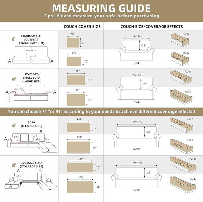 Couch Covers for Sofa, Sofa Covers Washable, Sectional Couch Covers, Sofa Covers for 2 Cushion Couch, Non Slip Stripe Sofa Slipcovers Furniture Protector (Khaki, 71x118) - Image 2
