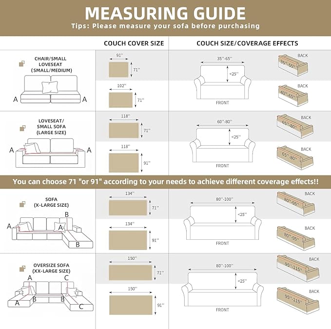 Couch Covers for Sofa, Sofa Covers Washable, Sectional Couch Covers, Sofa Covers for 2 Cushion Couch, Non Slip Stripe Sofa Slipcovers Furniture Protector (Khaki, 71x150) - Image 2
