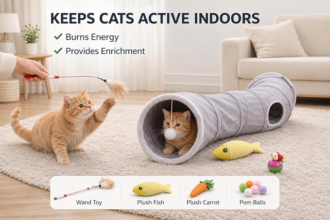 Cat Tunnel for Indoor Cats, Collapsible Cat Play Tunnel Toy | S-Shaped Tunnel, Peephole & Hanging Ball, Foldable Storage, 10.2" Opening for Kittens and Indoor Cats - Image 2