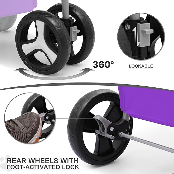 MoNiBloom 3 Wheels Pet Dog Cat Stroller for Small Medium Dogs Cats, Lightweight Foldable Jogger Stroller w/Storage Basket and Cup Holder, Purple