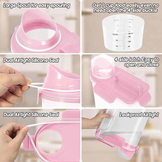 LEAWALK 5-7Lbs/6Qt Dog Cat Storage Container Portable with Upgraded Large Spout and Cup, Plastic Pet Food Dispenser for Small Animal Kibble, Bird Seed, Oatmeal, Rice, Flour, Brown Sugart- Light Pink - Image 3
