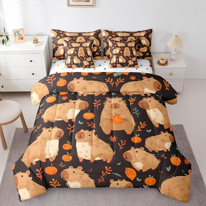 Erosebridal Cute Capybara 7-Piece Bedding Set King Size for Capybara Lovers, Kawaii Aninal Comforter Set with Sheets, Persimmon Bed in A Bag, Cartoon Fruit Bedding Comforter Sets, Black - Image 3