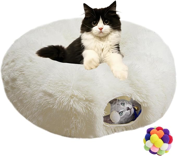 White Fluffy Warm Plush Cat Round Tunnel Tube, Soft Collapsible Multi-Combinations Cat Donuts Bed for Kitty Kitten Puppy Rabbit Ferret (White) by Naielfopet