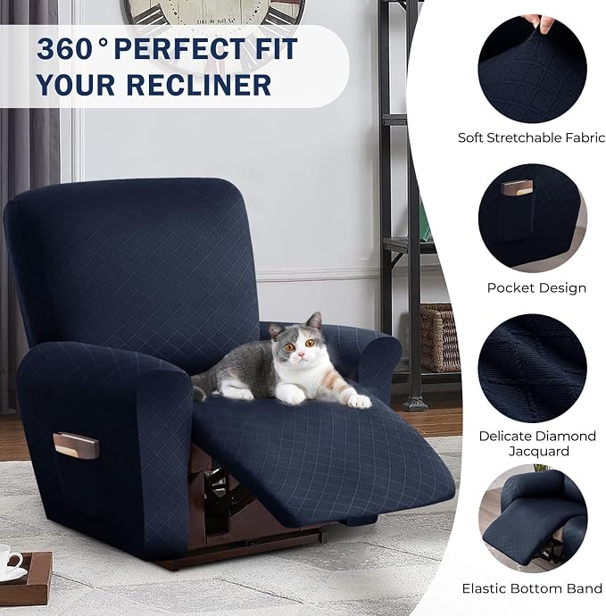 vctops Diamond Recliner Cover 4-Pieces Recliner Stretch Sofa Slipcover 1 Seater Couch Protector Soft Solid Furniture Protector Covers with Elastic Strap (Navy,1 Seat) - Image 4