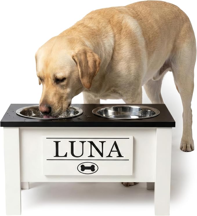 Elevated Dog Bowls for Large Dogs, Personalized Food Stand for Large Breed | Farmhouse Style, Elevated Wood Stand, Storage Container, Stainless Steel Bowls, Raised Anti-Slip Feeder, Made in USA by GrooveThisWoodshop
