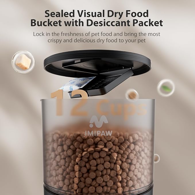IMIPAW Automatic Cat Feeder, 5G WiFi Food Dispenser with APP Remote Control, Pet Dry Food Smart Feeder, Programmable Timed Feeding, Dual Power Supply, 1-10 Meals, Desiccant Bag, Stainless Steel Bowl - Image 6