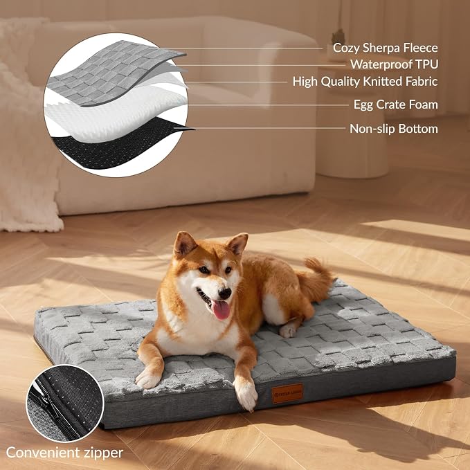 Patas Lague Orthopedic Large Dog Bed Washable Pet Crate Mat 56''X40'' Grey | Egg-Crate Foam Dog Couch For Large Sized Dogs, Waterproof Removable Cover, Soft Pet Bed With Nonskid Bottom - Image 3