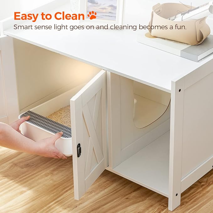 MAHANCRIS Cat Litter Box Enclosure, Hidden Litter Box Furniture with Divider, Indoor Cat House, Wooden Cat Washroom Storage Cabinet Bench, Side End Table Nightstand, White CWWT2501 - Image 7